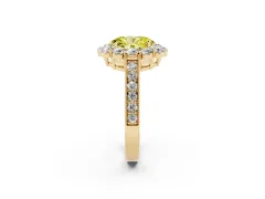 Fancy Yellow Oval Cut Diamond Halo Pavé Engagement Ring Set in Yellow gold with Milgrain Detailing
