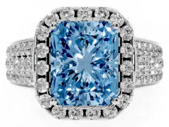 Fancy Blue Radiant Cut Diamond Halo Ring Set in Platinum with Pavé Band and Raised Center Setting