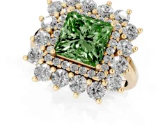 Fancy Green Princess Cut Diamond Floral Double Halo Ring Set in Yellow gold with Round Petals