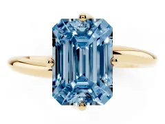 Fancy Blue Emerald Cut Diamond Solitaire Engagement Ring Set in Yellow gold with Classic Plain Band