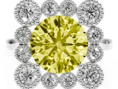 Fancy Yellow Round Cut Diamond Cluster Halo Ring Set in Silver with Milgrain Bezel Accents and Plain Band