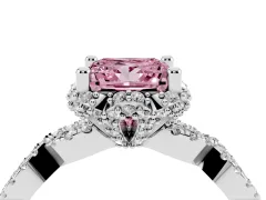 Fancy Pink Princess Cut Diamond Halo Twist Band Solitaire Ring Set in Silver with Prong-Set Center Stone