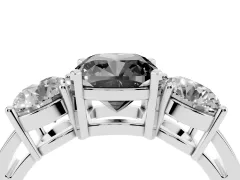 Fancy Black Cushion Cut Diamond Three-Stone Ring Set in Silver with Round Side Stones and Classic Band