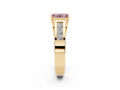 Fancy Pink Emerald Cut Diamond Solitaire Ring Set in Yellow gold with Channel-Set Accent Stones and Prong Setting
