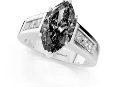 Fancy Black Marquise Cut Diamond Solitaire Ring Set in Platinum with Channel-Set Accent Stones and Prong Setting