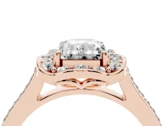 Emerald Cut Diamond Halo Ring Set in Rose gold with Pavé-Lined Shoulders and Prong Setting