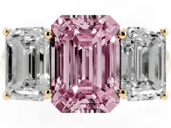 Fancy Pink Emerald Cut Diamond Three-Stone Ring Set in Yellow gold with Plain Polished Band