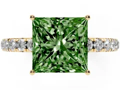 Fancy Green Princess Cut Diamond Pavé Solitaire Engagement Ring Set in Yellow gold with Prong Setting