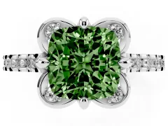 Fancy Green Cushion Cut Diamond Solitaire Ring Set in White gold with Pavé Band and Floral Prong Setting