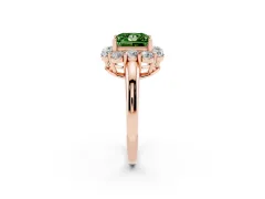 Fancy Green Princess Cut Diamond Milgrain Halo Solitaire Ring Set in Rose gold with Bezel Set Side Stones and Pavé Band