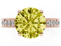 Fancy Yellow Round Cut Diamond Solitaire Ring Set in Rose gold with Milgrain-Edged Pavé Band and Prong Setting