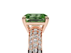 Fancy Green Emerald Cut Diamond Solitaire Ring Set in Rose gold with Multi-Row Round Pavé Band and Prong Setting