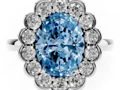 Fancy Blue Oval Cut Diamond Halo Cluster Engagement Ring Set in Silver with Solitaire Band and Prong Setting