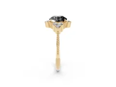 Fancy Black Round Cut Diamond Cluster Ring Set in Yellow gold with Beaded Band