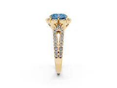 Fancy Blue Radiant Cut Diamond Floral Halo Split Shank Engagement Ring Set in Yellow gold with Pavé Shank