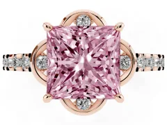 Fancy Pink Princess Cut Diamond Solitaire Ring Set in Rose gold with Pavé Band and Floral Prong Setting