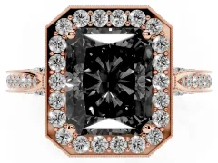 Fancy Black Radiant Cut Diamond Halo Engagement Ring Set in Rose gold with Accent Split Shank Band