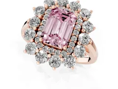 Fancy Pink Emerald Cut Diamond Floral Double Halo Ring Set in Rose gold with Round Petals