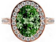 Fancy Green Oval Cut Diamond Halo Engagement Ring Set in Rose gold with Accent Split Shank Band