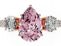 Fancy Pink Pear Cut Diamond Three-Stone Ring Set in Rose gold with Round Side Stones and Delicate Pavé Band
