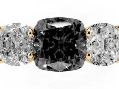 Fancy Black Cushion Cut Diamond Three-Stone Ring Set in Yellow gold with Plain Polished Band