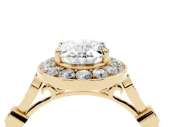 Oval Cut Diamond Halo Engagement Ring Set in Yellow gold with Twisted Band and Prong Setting