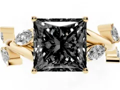 Fancy Black Princess Cut Diamond Solitaire Ring Set in Yellow gold with Twisted Marquise Accent Band