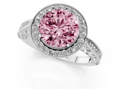 Fancy Pink Round Cut Diamond Halo Engagement Ring Set in White gold with Accent Split Shank Band