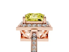 Fancy Yellow Princess Cut Diamond Halo Ring Set in Rose gold with Accent-Lined Split Shank and Prong Setting