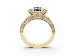 Fancy Blue Emerald Cut Diamond Milgrain Halo Pavé Engagement Ring Set in Yellow gold with Prong Setting