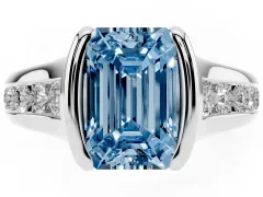 Fancy Blue Emerald Cut Diamond Bezel-Set Solitaire Ring Set in Platinum with Channel-Set Band
