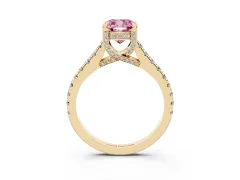 Fancy Pink Cushion Cut Diamond Solitaire Ring Set in Yellow gold with Brilliant Pavé Band and Prong Setting