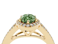 Fancy Green Marquise Cut Diamond Halo Split Shank Pavé Ring Set in Yellow gold with Prong Setting