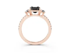 Fancy Black Asscher Cut Diamond Three-Stone Ring Set in Rose gold with Pavé Band and Graduated Sides