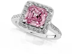 Fancy Pink Asscher Cut Diamond Halo Engagement Ring Set in White gold with Round Pavé Shoulders and Heart Gallery
