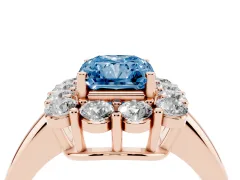 Fancy Blue Radiant Cut Diamond Halo Cluster Engagement Ring Set in Rose gold with Polished Band and Prong Setting
