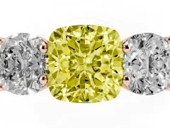 Fancy Yellow Cushion Cut Diamond Three-Stone Ring Set in Rose gold with Plain Polished Band