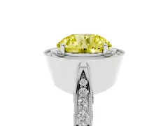 Fancy Yellow Round Cut Diamond Halo Engagement Ring Set in White gold with Accent Split Shank Band