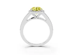 Fancy Yellow Round Cut Diamond Halo Split Shank Ring Set in Platinum with Accent Stones and Prong Setting