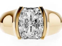 Radiant Cut Diamond Bezel Solitaire Ring Set in Yellow gold with Wide Band