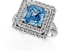 Fancy Blue Asscher Cut Diamond Double Halo Ring Set in Silver with Pavé Split Shank and Prong Setting
