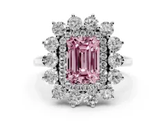 Fancy Pink Emerald Cut Diamond Floral Double Halo Ring Set in Platinum with Round Petals