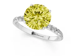 Fancy Yellow Round Cut Diamond Solitaire Engagement Ring Set in Platinum with Round Pavé Band and Prong Setting