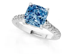 Fancy Blue Cushion Cut Diamond Solitaire Ring Set in Platinum with Brilliant Pavé Band and Prong Setting