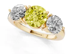 Fancy Yellow Round Cut Diamond Three-Stone Ring Set in Yellow gold with Prong Setting and Plain Band