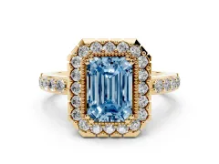 Fancy Blue Emerald Cut Diamond Halo Ring Set in Yellow gold with Pavé Shank and Prong Setting
