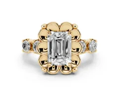Emerald Cut Diamond Floral Halo Ring Set in Yellow gold with Shared Prong Band