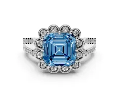 Fancy Blue Asscher Cut Diamond Floral Halo Split Shank Engagement Ring Set in Silver with Pavé Shank