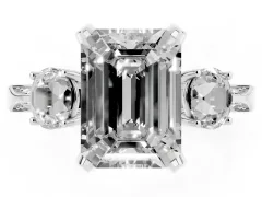 Fancy Pink Emerald Cut Diamond Three-Stone Ring Set in White gold with Pavé Band and Smaller Side Stones