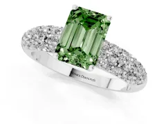 Fancy Green Emerald Cut Diamond Pavé Band Solitaire Ring Set in Silver with Close-Set Accent Stones and Prong Setting